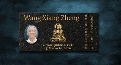Lápida en granito negro de 60X30 cm con caracteres chinos